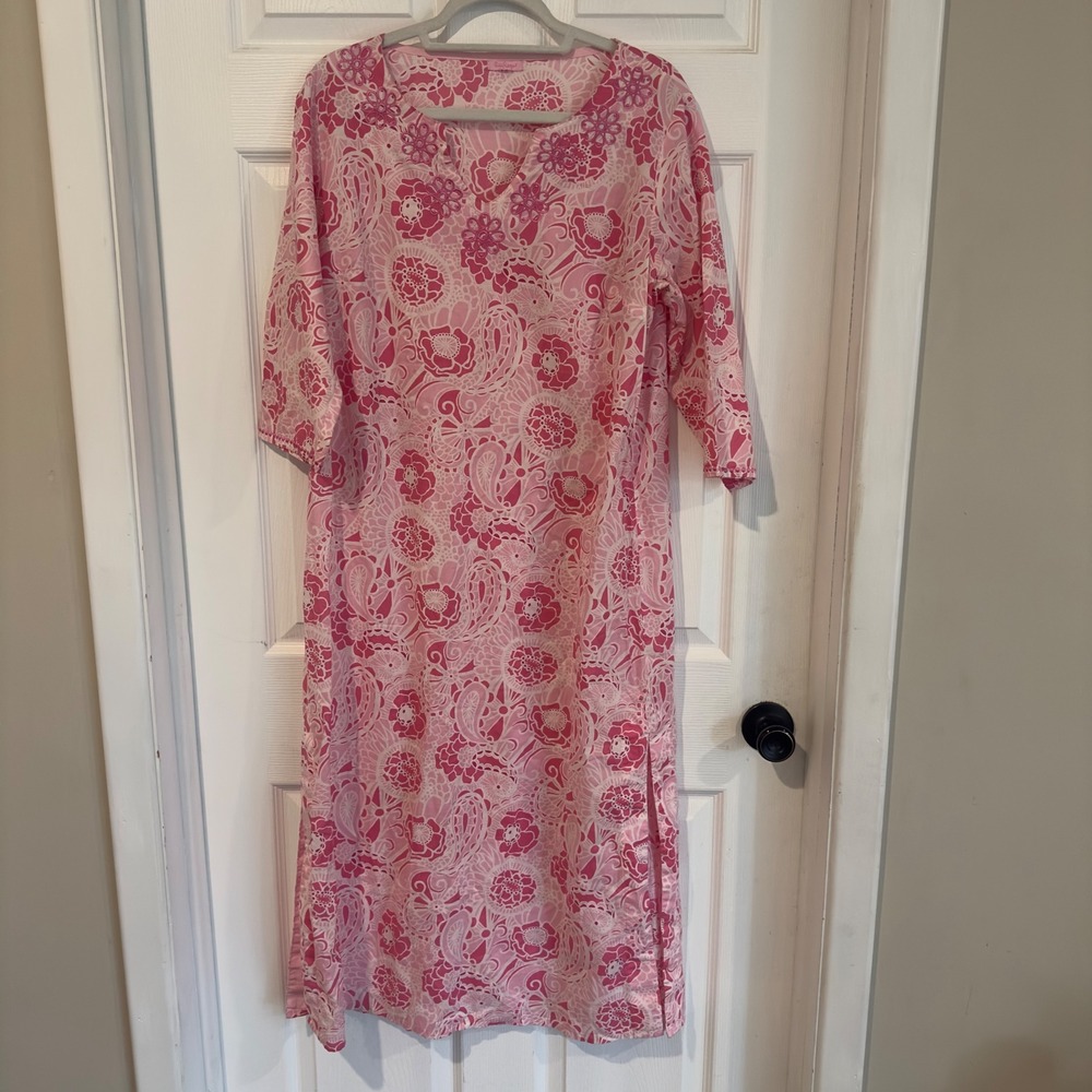 Lilly Pulitzer Pink Floral Paisley Cotton Tunic Dress Embroidered Neck Barbie